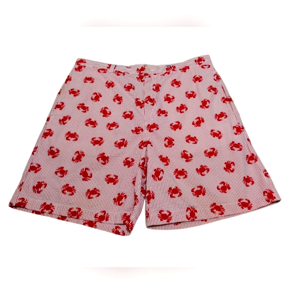 Vinyard Vines Seersucker Crab Embroidered Red & White Flat Front Shorts Size 34